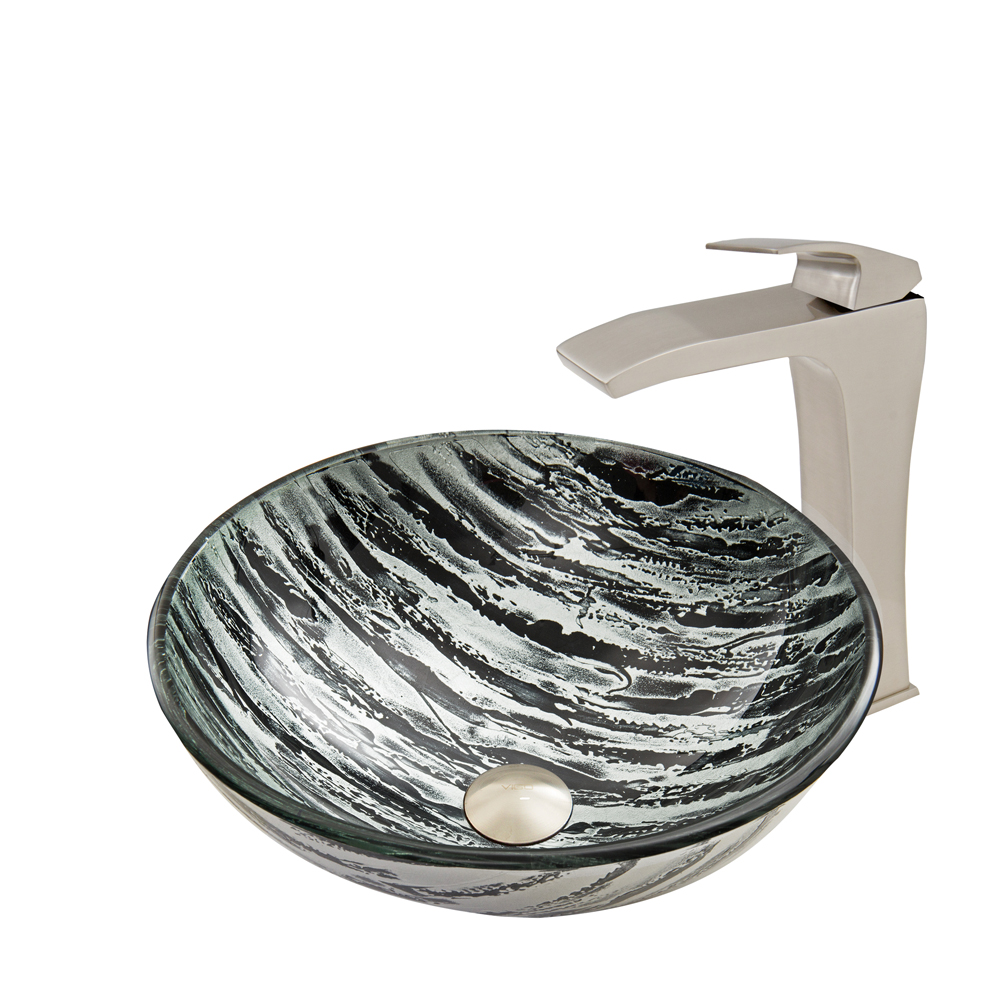 Rising Moon Glass Vessel Sink and Blackstonian Faucet Set in Brushed Nickel