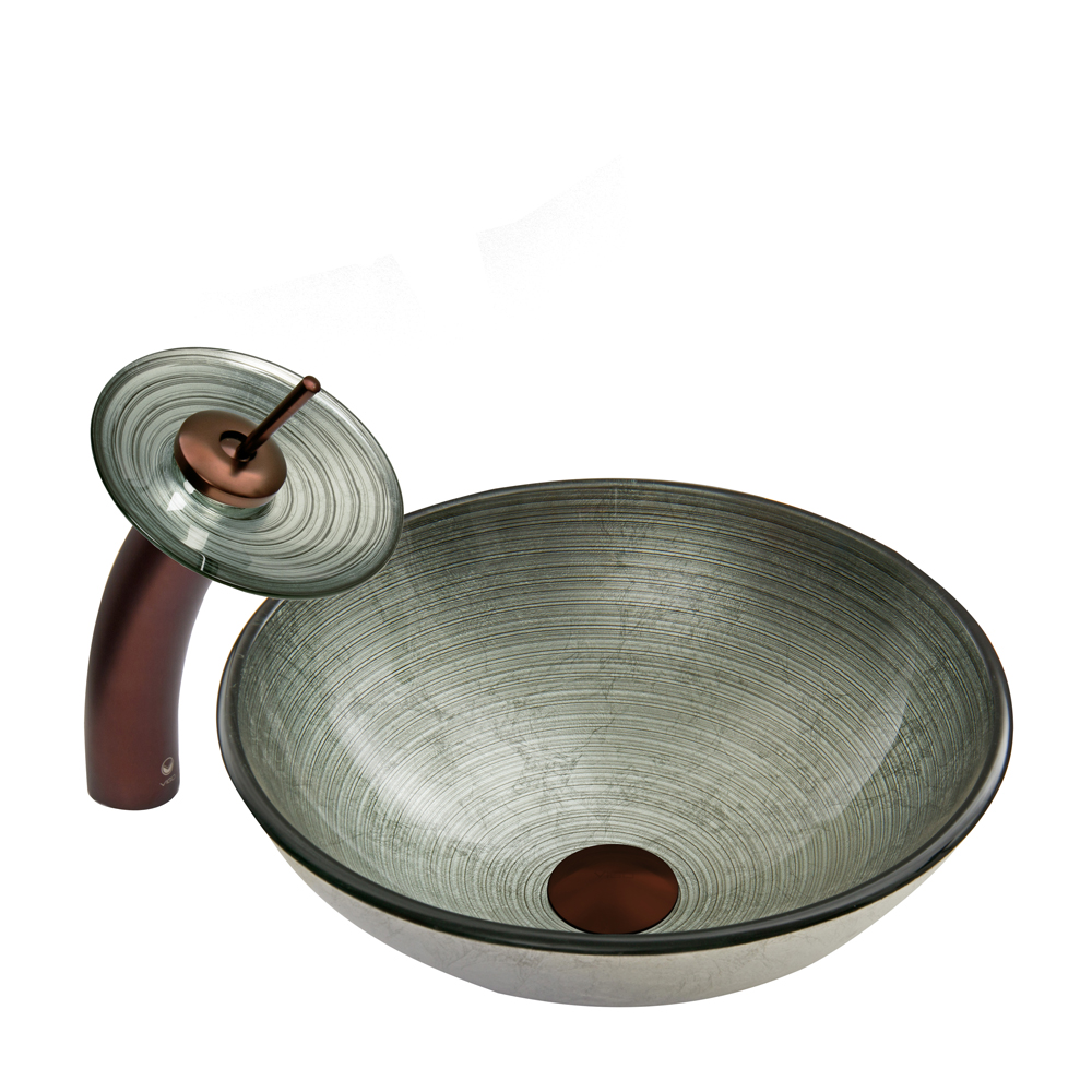 Simply Silver Glass Vessel Sink and Waterfall Faucet Set in Oil Rubbed Bronze Finish