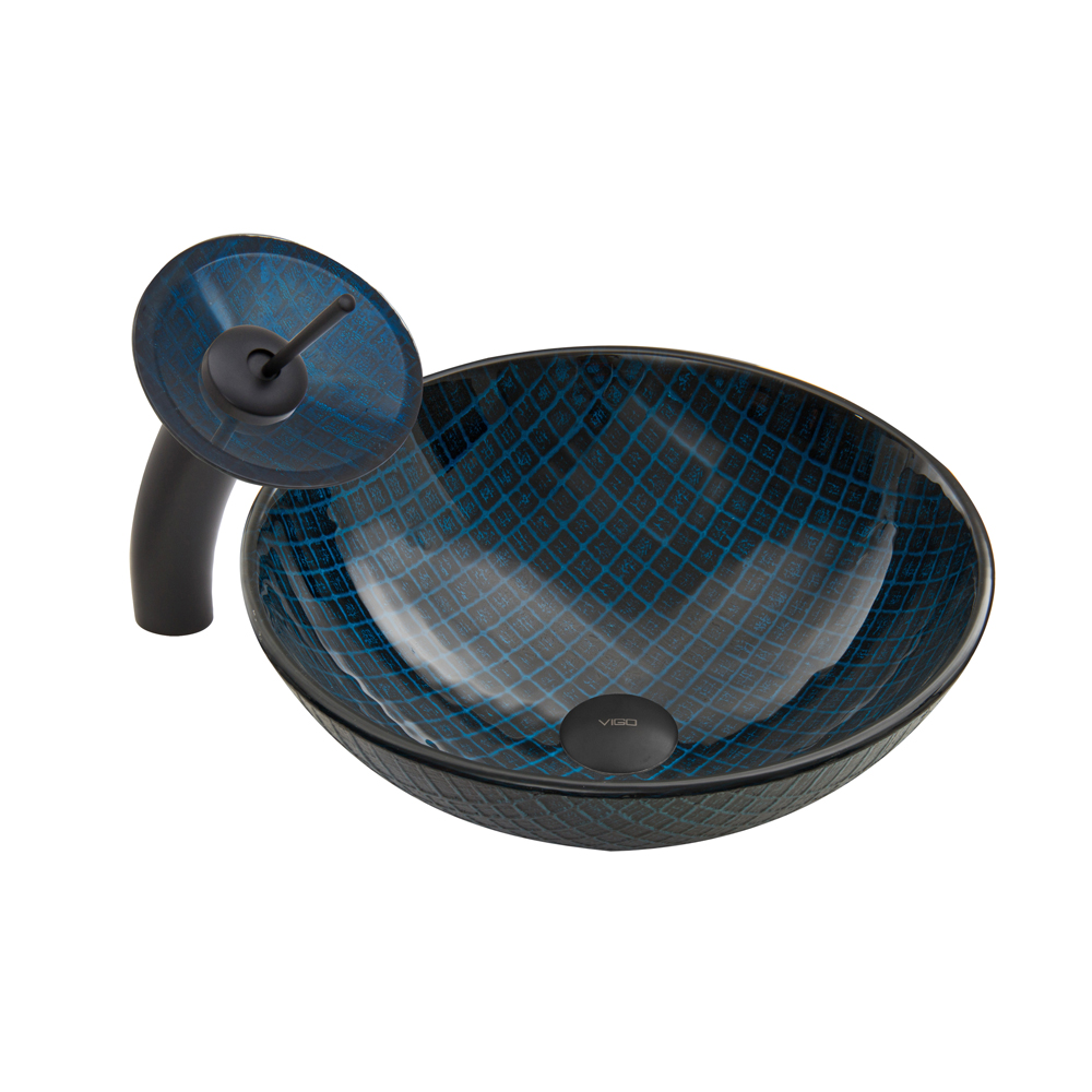 Blue Matrix Glass Vessel Sink and Waterfall Faucet Set in Matte Black Finish