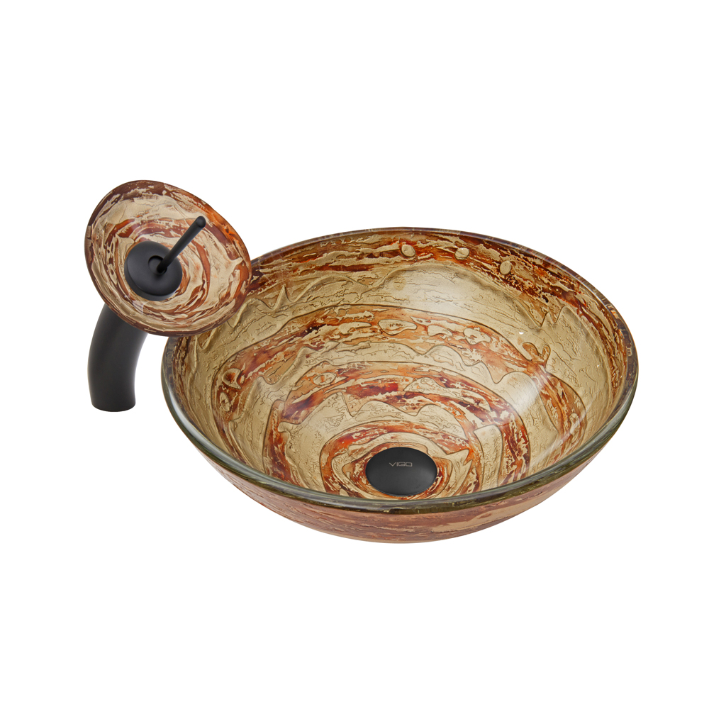 Mocha Swirl Glass Vessel Sink and Waterfall Faucet Set in Matte Black Finish