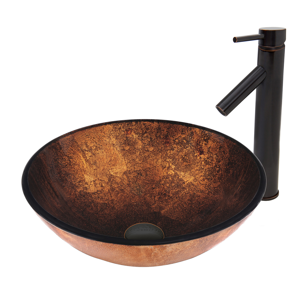 Russet Glass Vessel Sink and Dior Faucet Set in Antique Rubbed Bronze
