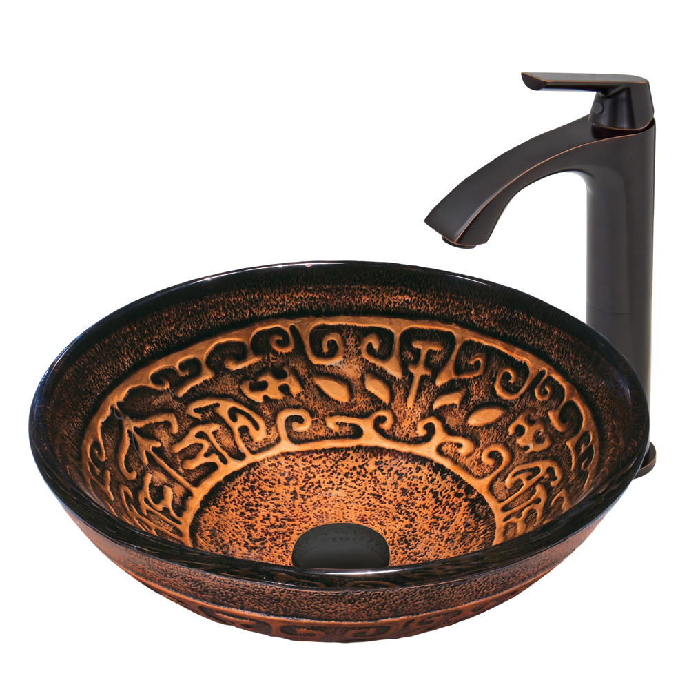 Golden Greek Glass Vessel Sink and Linus Faucet Set in Antique Rubbed Bronze