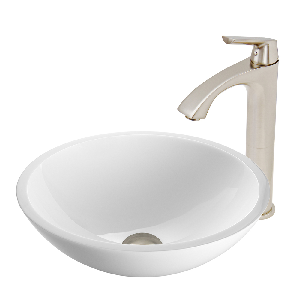 Flat Edged White Phoenix Stone Glass Vessel Sink and Linus Faucet Set in Brushed Nickel