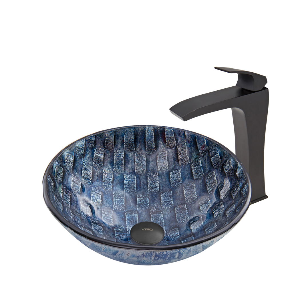 Rio Glass Vessel Sink and Blackstonian Faucet Set in Matte Black