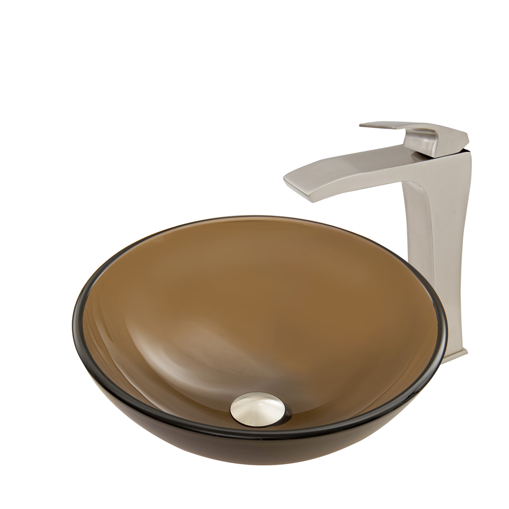 Sheer Sepia Frosted Glass Vessel Sink and Blackstonian Faucet Set in Brushed Nickel