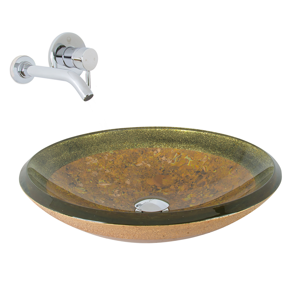 Janus Glass Vessel Bathroom Sink and Olus Single Lever Wall Mount Faucet in Chrome