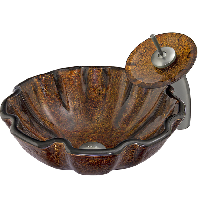 Walnut Shell Glass Vessel Sink and Waterfall Faucet Set in Brushed Nickel