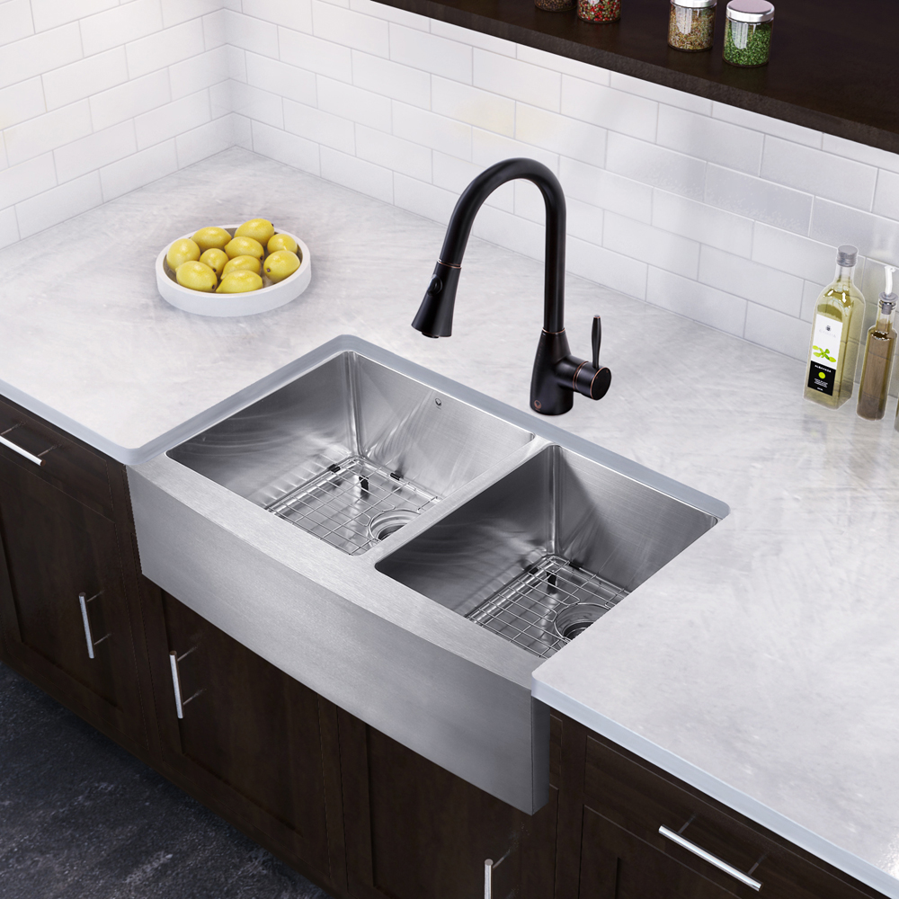 36-inch Farmhouse Stainless Steel 16 Gauge Double Bowl Kitchen Sink and Aylesbury Antique Rubbed Bronze Pull-Down Spray Kitchen Faucet