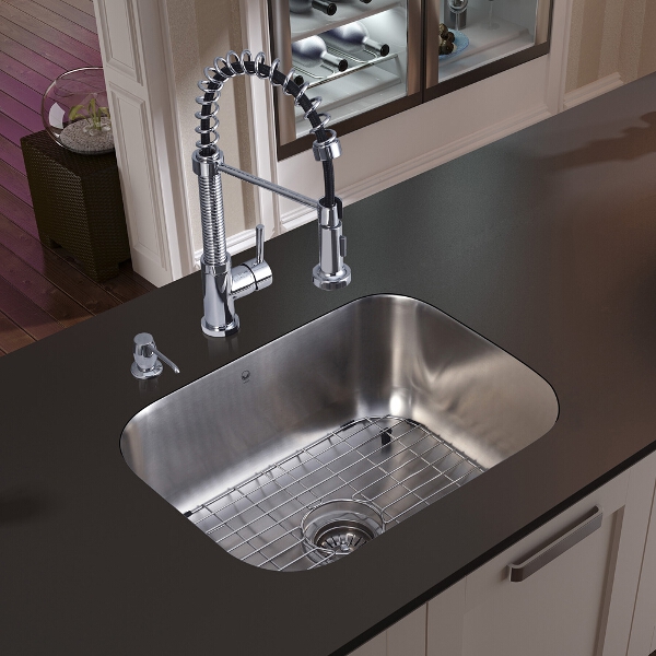 Undermount Stainless Steel Kitchen Sink, Faucet, Grid, Strainer and Dispenser