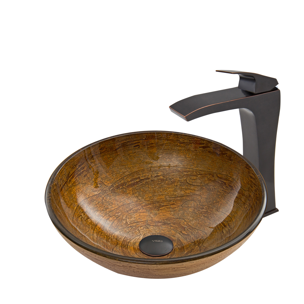 Cappuccino Swirl Glass Vessel Sink and Blackstonian Faucet Set in Antique Rubbed Bronze