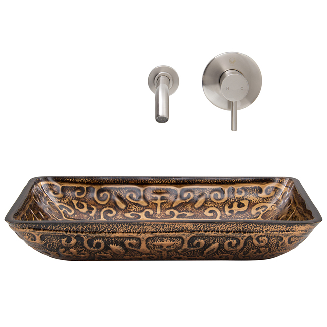Rectangular Golden Greek Glass Vessel Sink and Wall Mount Faucet in Brushed Nickel
