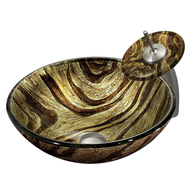Zebra Glass Vessel Sink and Waterfall Faucet Set in Brushed Nickel