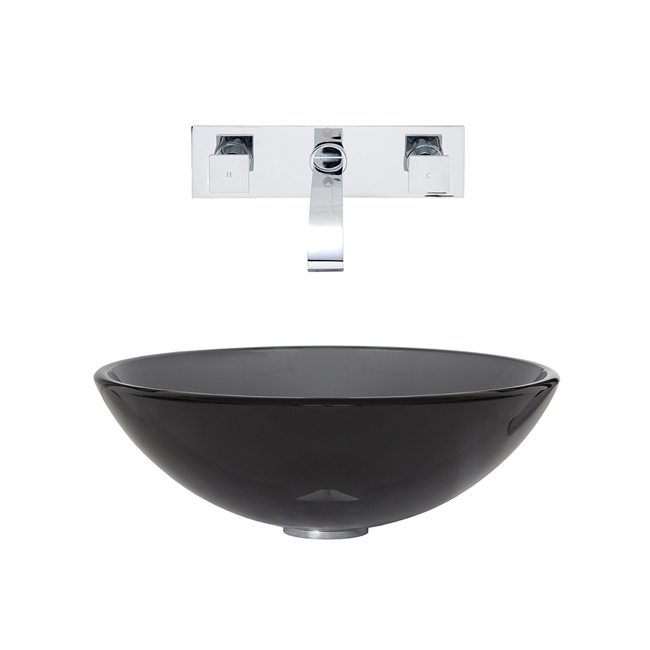 Sheer Black Glass Vessel Sink and Wall Mount Faucet Set in Chrome