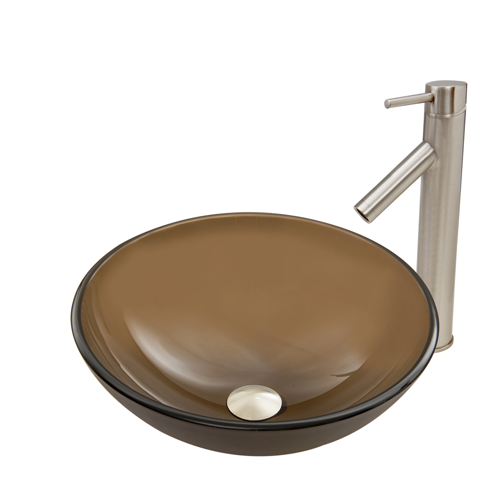 Sheer Sepia Glass Vessel Sink and Dior Faucet Set in Brushed Nickel