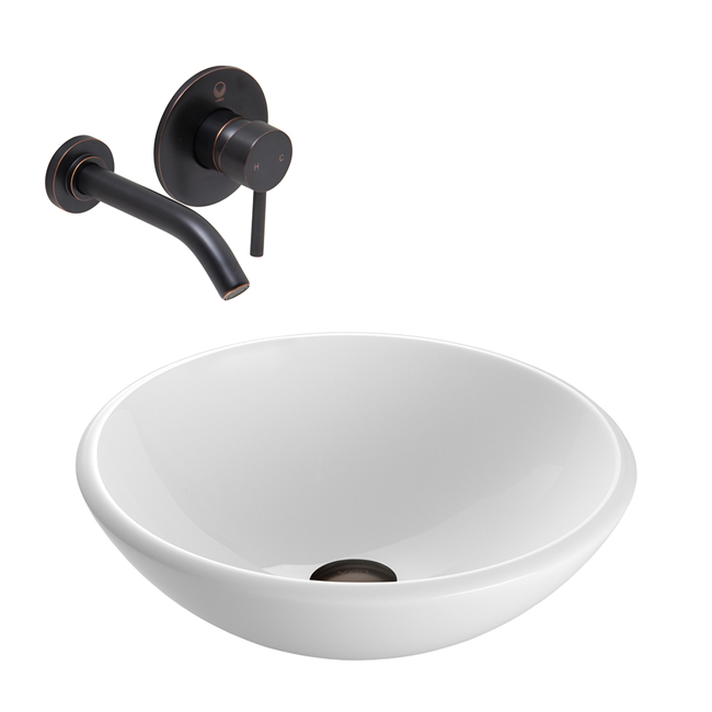 White Phoenix Stone Glass Vessel Sink with Antique Rubbed Bronze Wall Mount Faucet