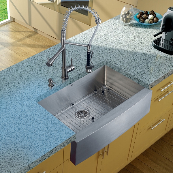 Farmhouse Stainless Steel Kitchen Sink, Faucet, Grid, Strainer and Dispenser