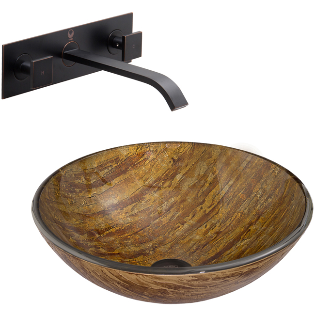Amber Sunset Glass Vessel Sink and Titus Wall Mount Faucet Set in Antique Rubbed Bronze