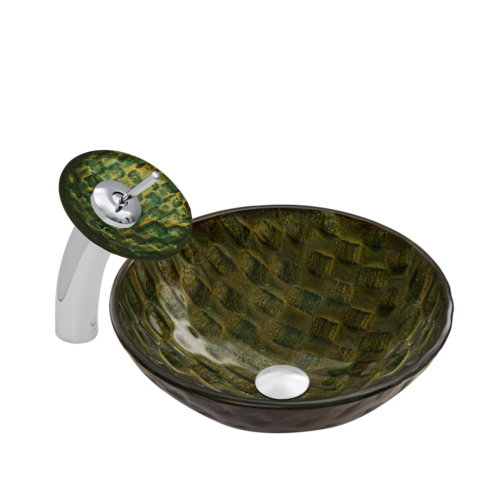 Amazonia Glass Vessel Sink and Waterfall Faucet Set in Chrome Finish