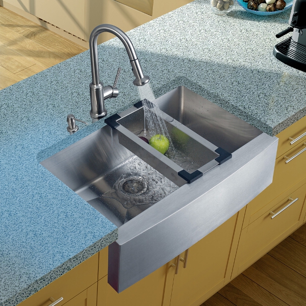 Farmhouse Stainless Steel Kitchen Sink, Faucet, Colander, Strainer and Dispenser