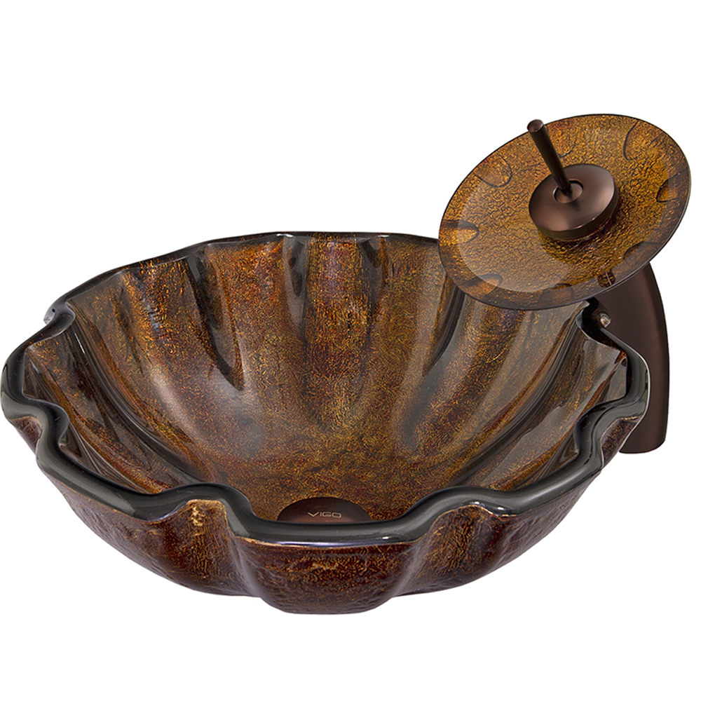 Walnut Shell Glass Vessel Sink and Waterfall Faucet Set in Oil Rubbed Bronze