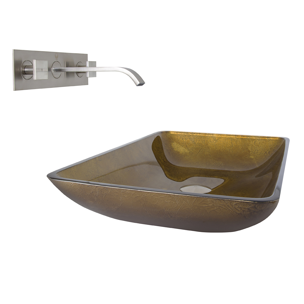 Rectangular Copper Glass Vessel Bathroom Sink and Titus Dual Lever Wall Mount Faucet in Brushed Nickel