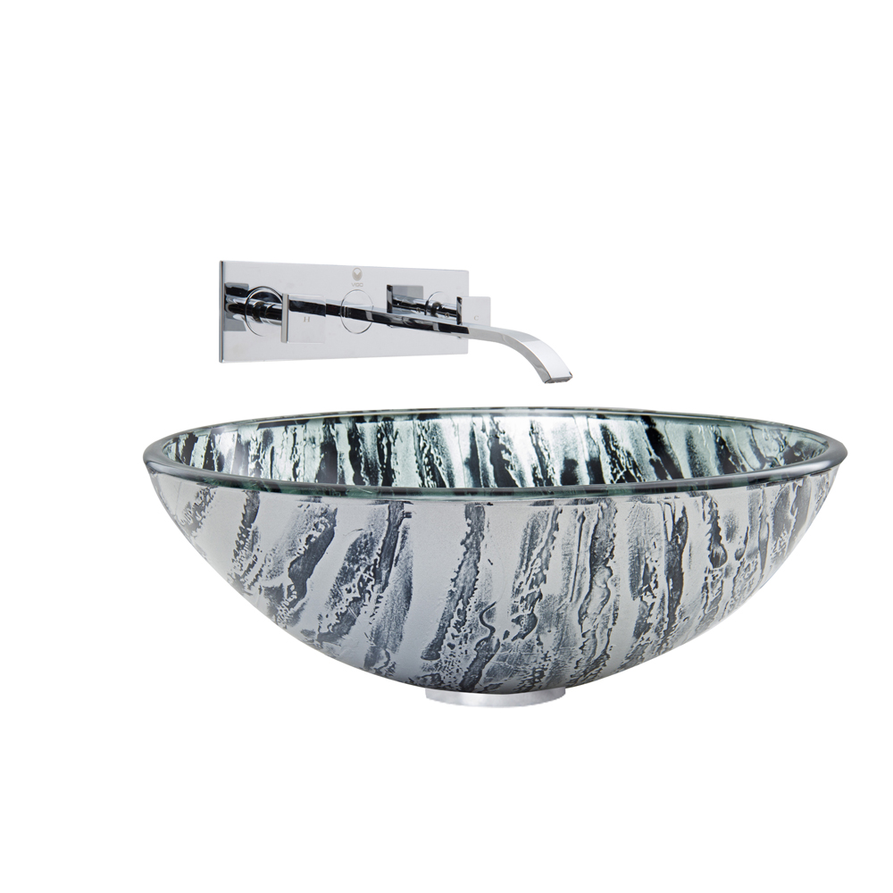 Rising Moon Glass Vessel Sink and Titus Wall Mount Faucet Set in Chrome