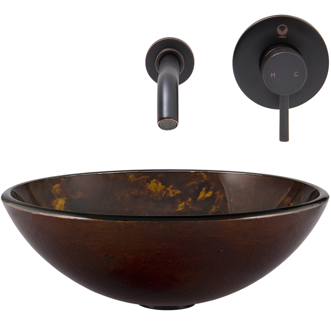 Brown and Gold Fusion Glass Vessel Sink and Olus Wall Mount Faucet Set in Antique Rubbed Bronze