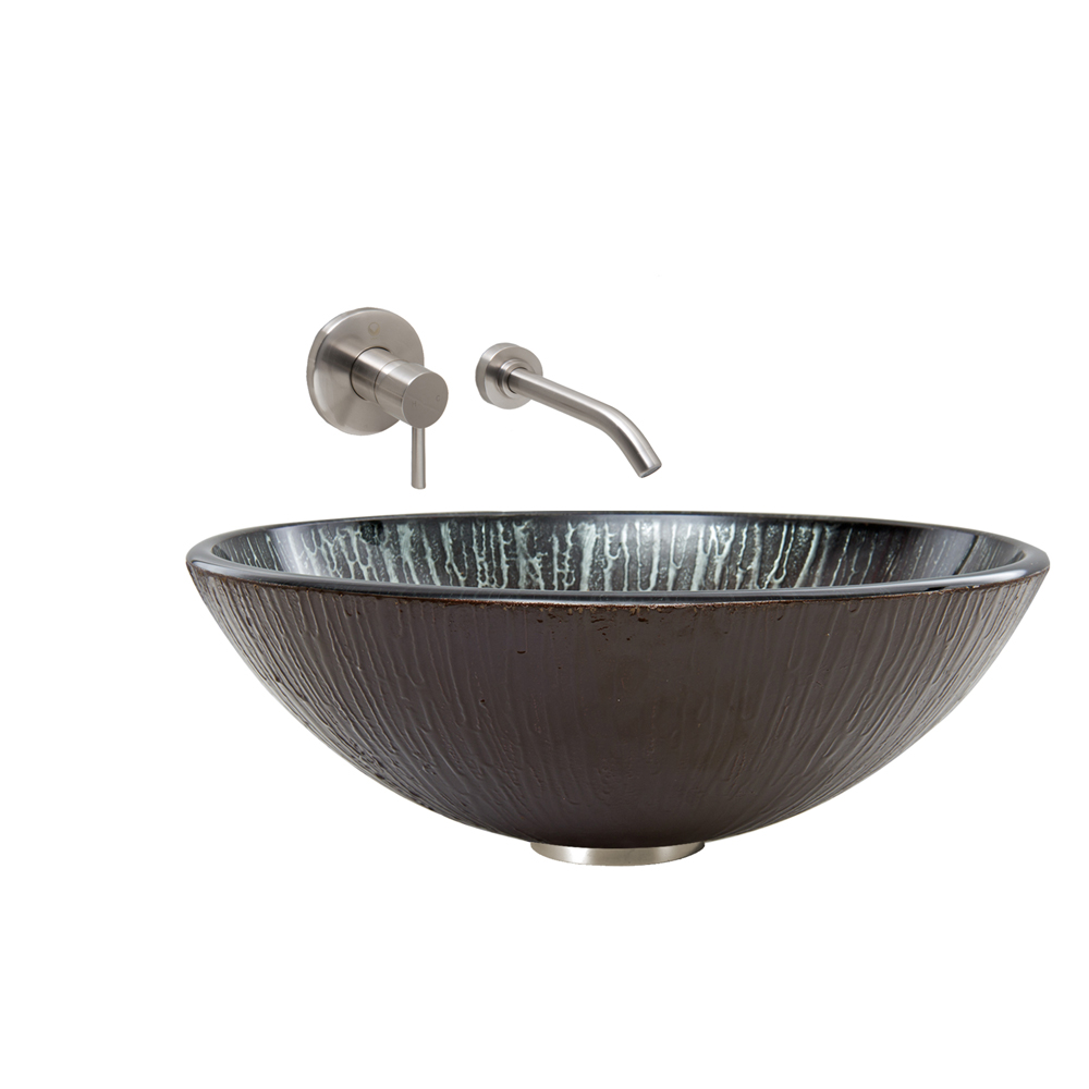 Enchanted Earth Glass Vessel Sink and Olus Wall Mount Faucet Set in Brushed Nickel