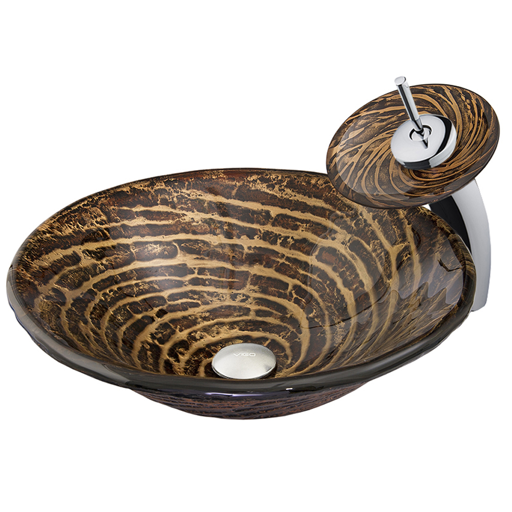 Chocolate Caramel Swirl Glass Vessel Sink and Waterfall Faucet Set in Chrome