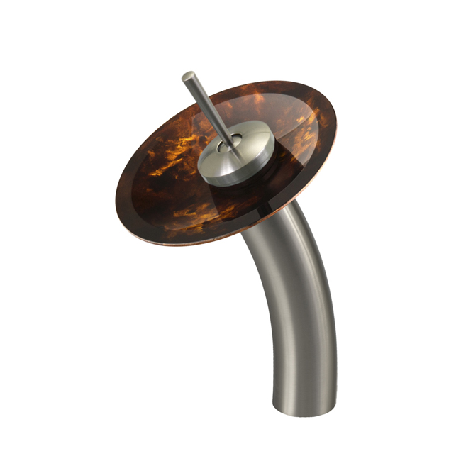 Waterfall Faucet with Brown and Gold Fusion Glass Disc in Brushed Nickel