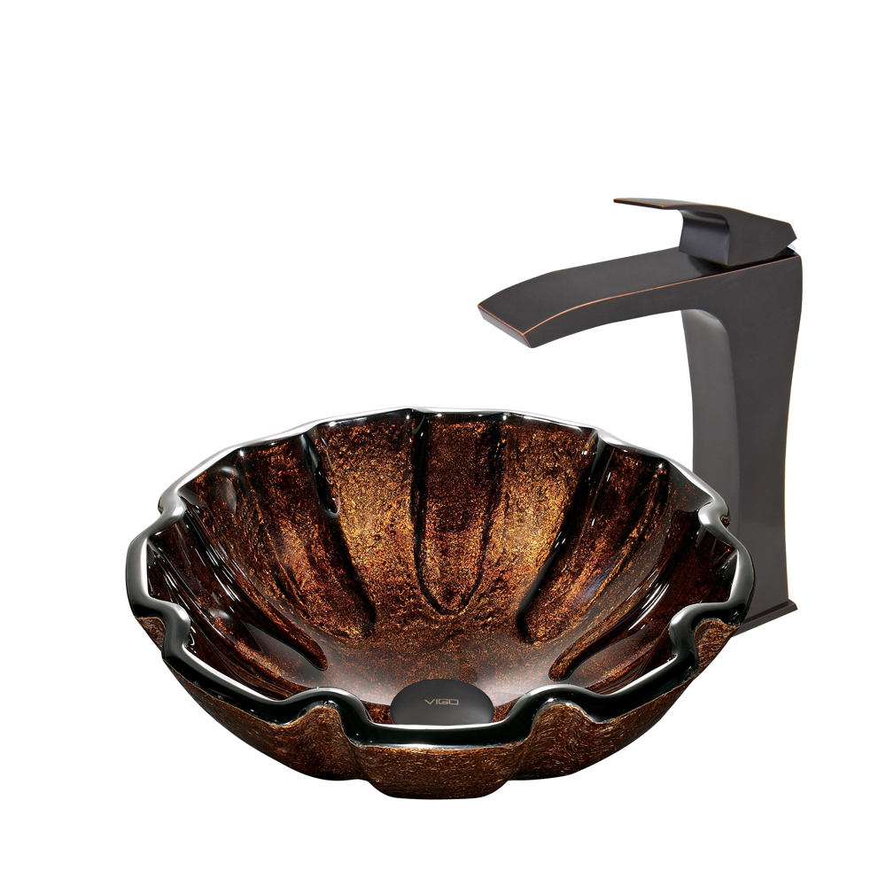 Walnut Shell Glass Vessel Sink and Blackstonian Faucet Set in Antique Rubbed Bronze