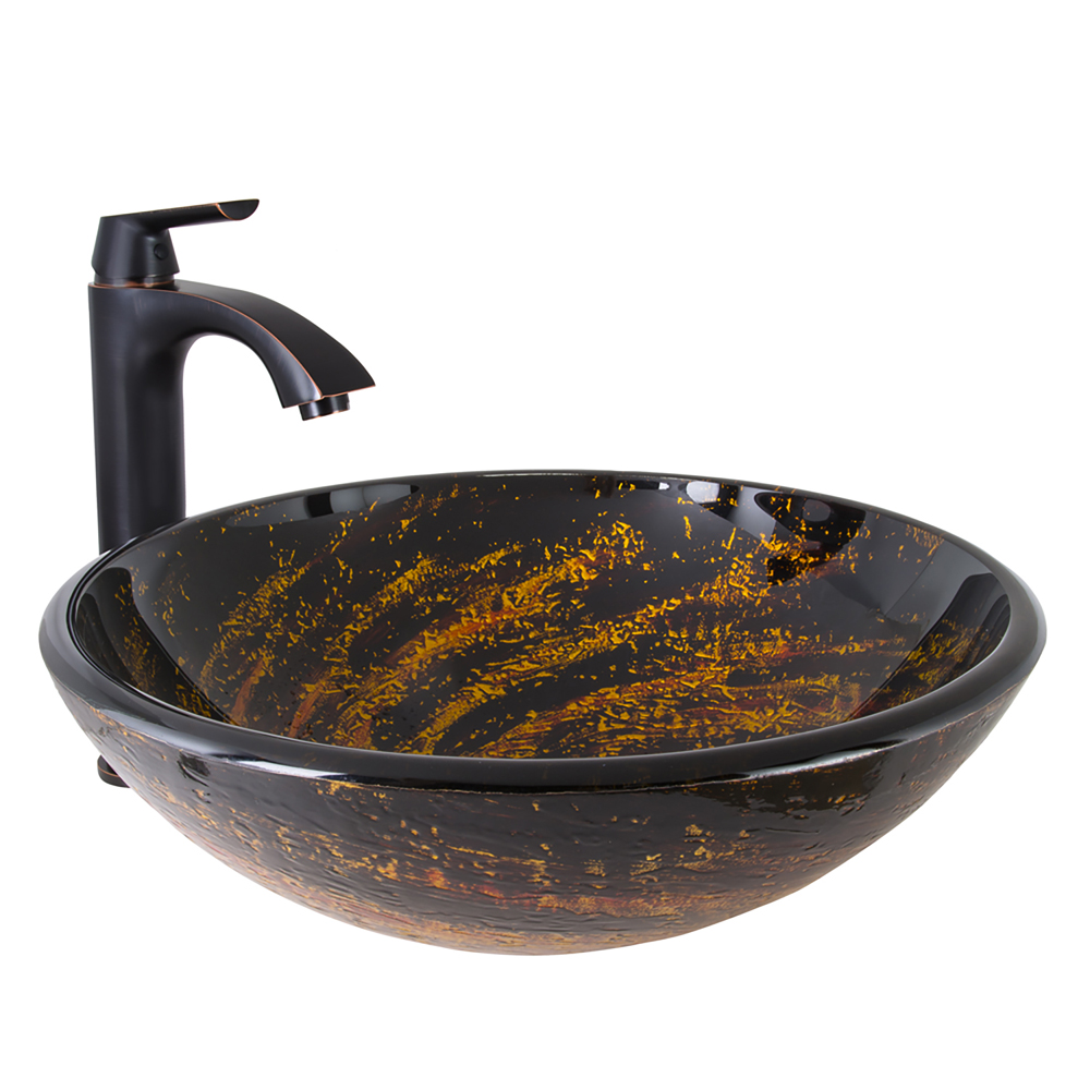 Northern Lights Glass Vessel Bathroom Sink and Linus Bathroom Vessel Faucet in Antique Rubbed Bronze