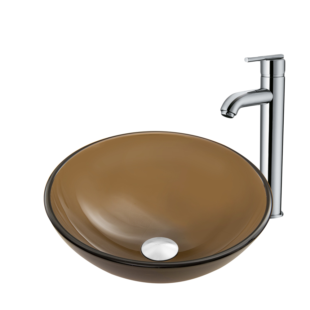 Sheer Sepia Frosted Glass Vessel Sink and Seville Faucet Set in Chrome