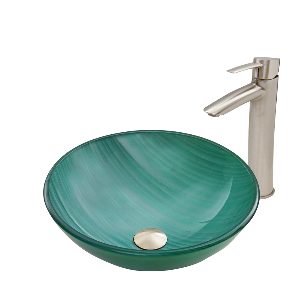 Whispering Wind Glass Vessel Sink and Shadow Faucet Set in Brushed Nickel