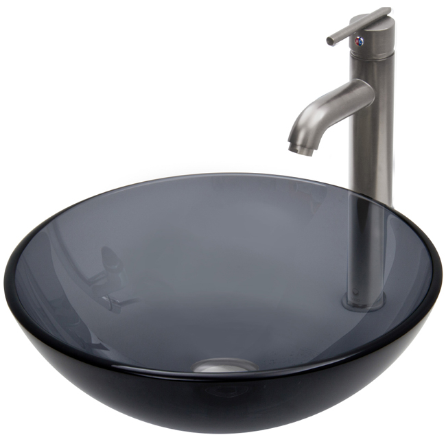 Sheer Black Glass Vessel Sink and Faucet Set in Brushed Nickel
