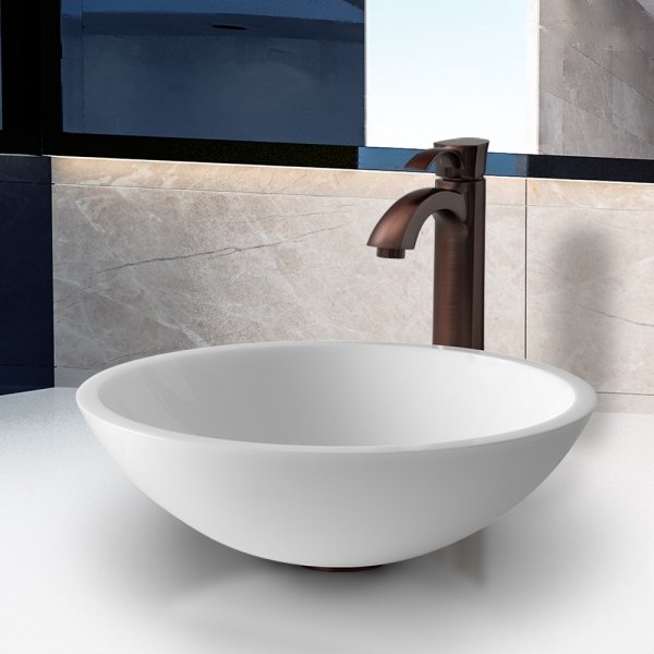 Flat Edged White Phoenix Stone Glass Vessel Sink with Oil Rubbed Bronze Faucet