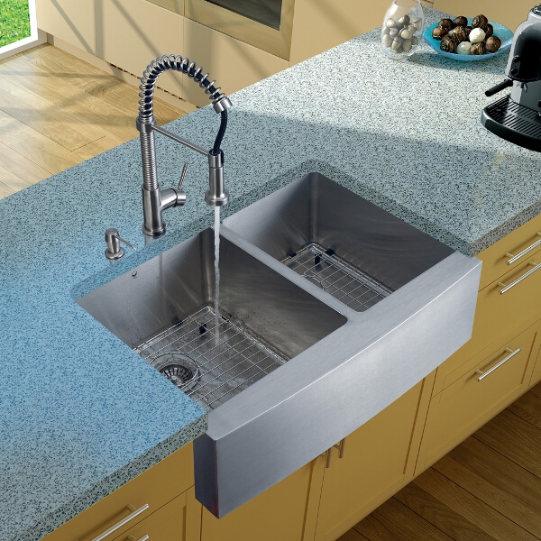 Farmhouse Stainless Steel Kitchen Sink, Faucet, Two Grids, Two Strainers and Dispenser
