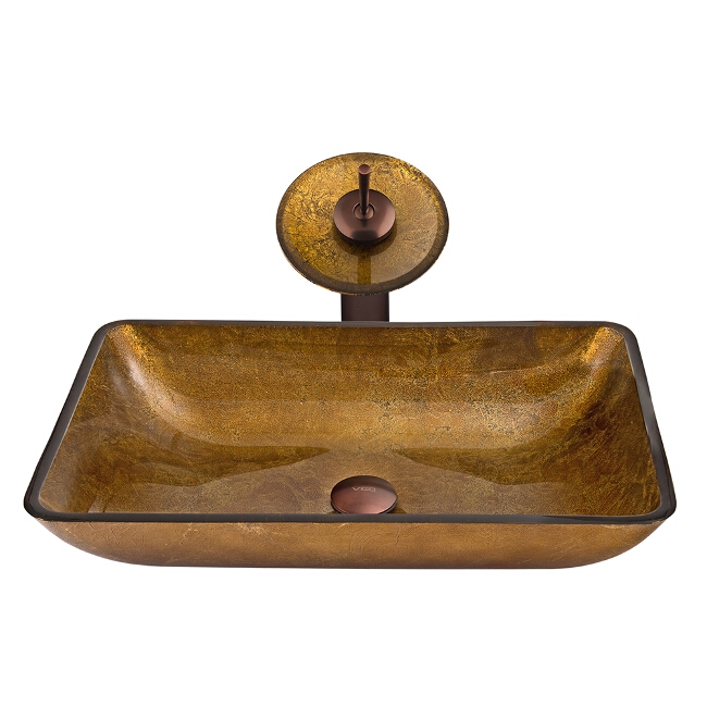 Rectangular Copper Glass Vessel Sink and Waterfall Faucet Set in Oil Rubbed Bronze