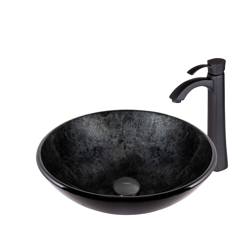 Gray Onyx Glass Vessel Sink and Otis Faucet Set in Matte Black