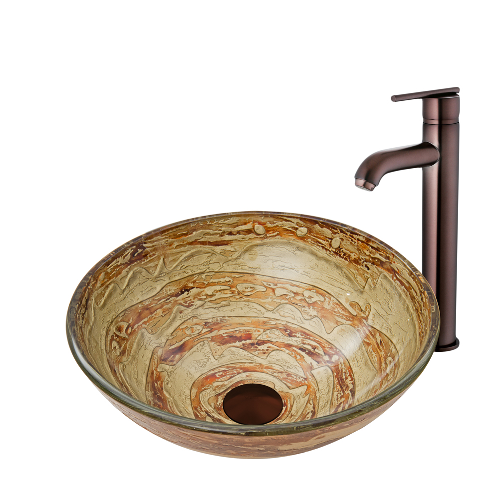 Mocha Swirl Glass Vessel Sink and Seville Faucet Set in Oil Rubbed Bronze