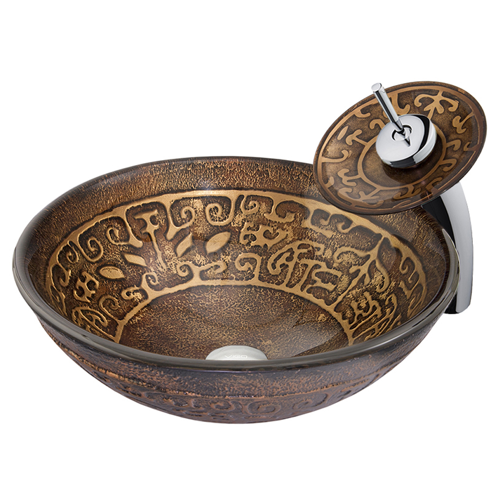 Golden Greek Glass Vessel Sink and Waterfall Faucet Set in Chrome