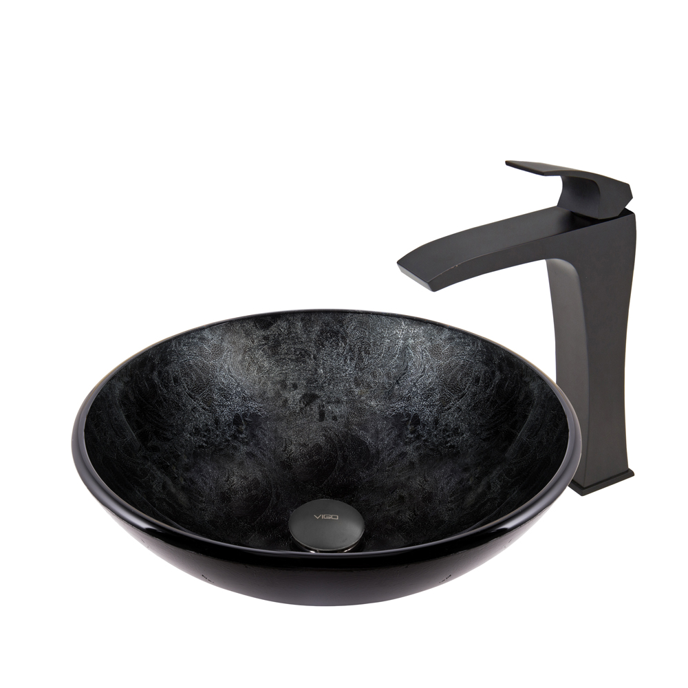Gray Onyx Glass Vessel Sink and Blackstonian Faucet Set in Matte Black