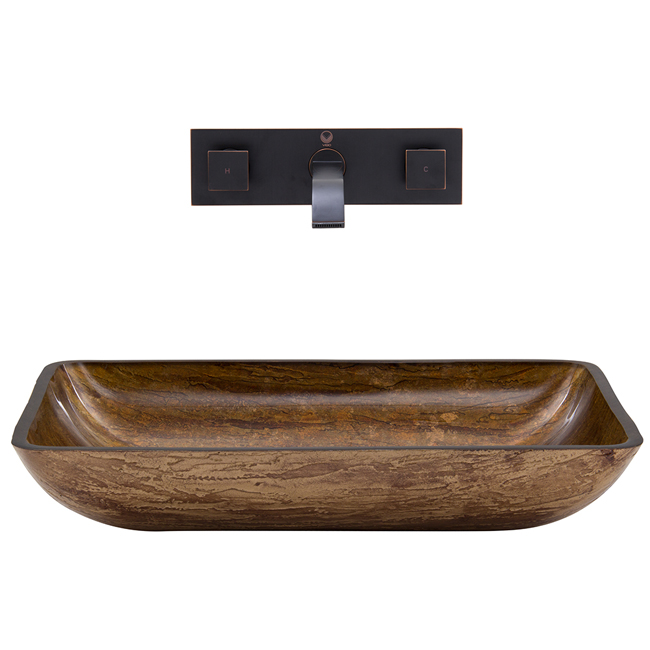 Rectangular Amber Sunset Glass Vessel Sink and Wall Mount Faucet in Antique Rubbed Bronze