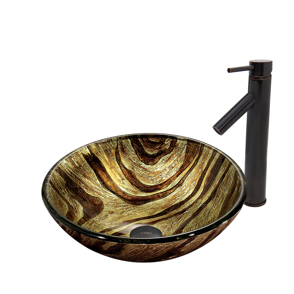 Zebra Glass Vessel Sink and Dior Faucet Set in Antique Rubbed Bronze