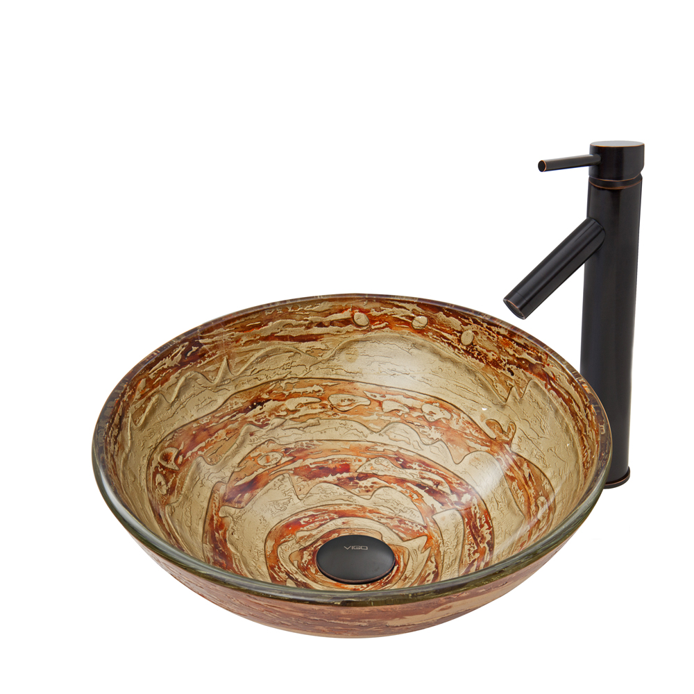 Mocha Swirl Glass Vessel Sink and Dior Faucet Set in Antique Rubbed Bronze