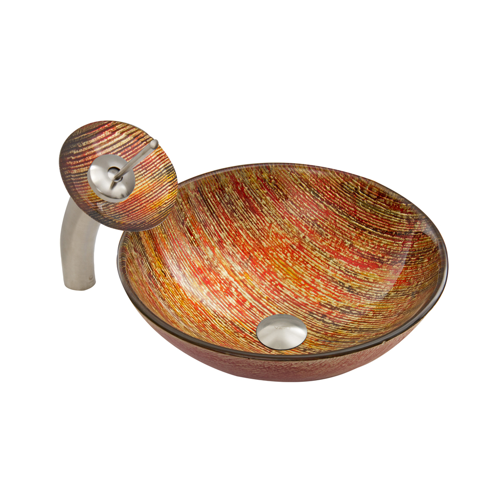 Blazing Fire Glass Vessel Sink and Waterfall Faucet Set in Brushed Nickel Finish