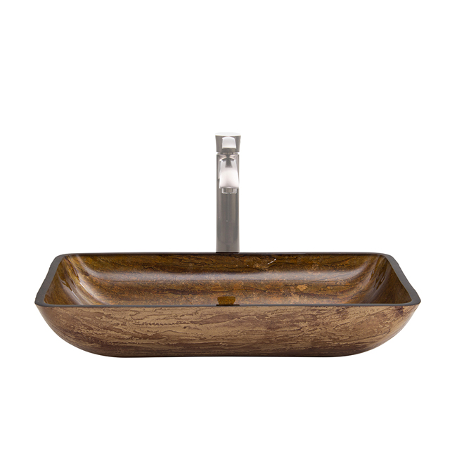 Rectangular Amber Sunset Glass Vessel Sink and Otis Faucet Set in Brushed Nickel