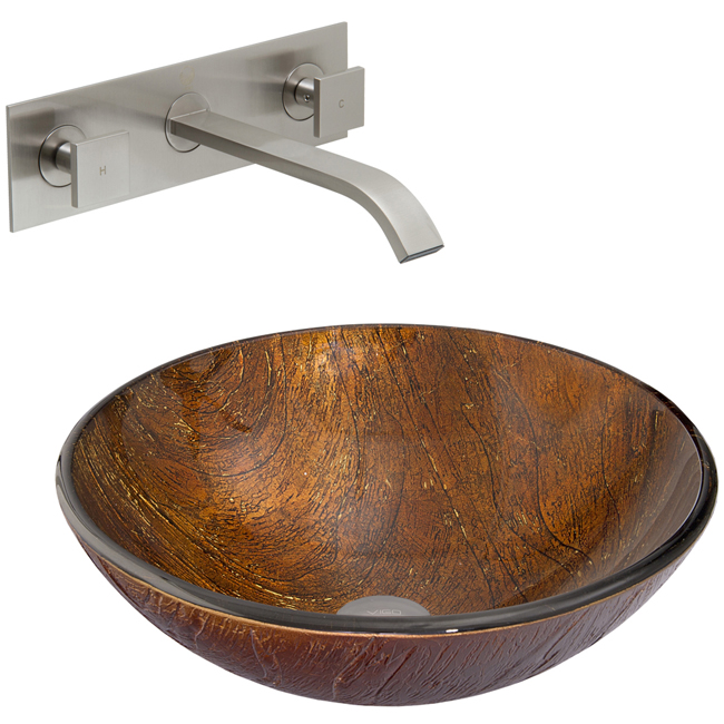 Kenyan Twilight Glass Vessel Sink and Titus Wall Mount Faucet Set in Brushed Nickel
