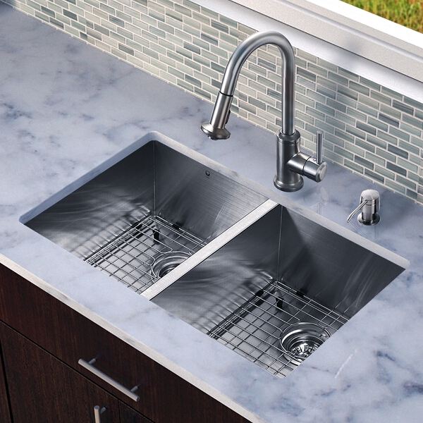 All in One 32-inch Undermount Stainless Steel Double Bowl Kitchen Sink and Faucet Set