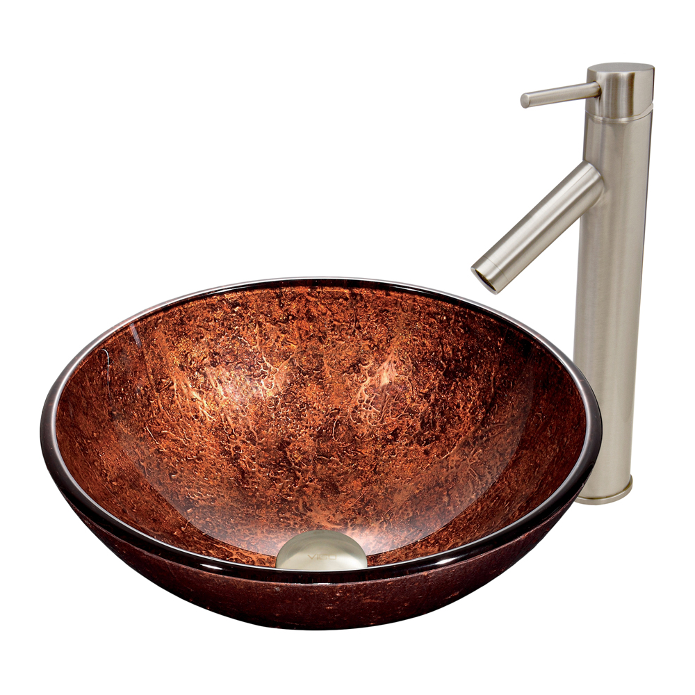 Mahogany Moon Glass Vessel Sink and Dior Faucet Set in Brushed Nickel